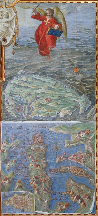 Malta xəritəsi və Osmanlı donanması tərəfindən Valletta mühasirəsi (1565)